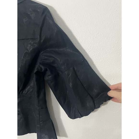 Randy Kemper Button Down Shiny Black Linen Blend Blouse Size 12 - Picture 12 of 15